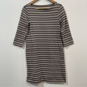 Garnet Hill Organic Cotton Tan White Striped  3/4 Sleeve Shirt Dress Size XS